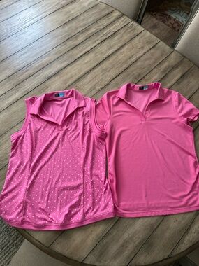 Ladies Golf PGA Tour Size L. Pink Polo Shirt Duo - Solid & Polka Dot